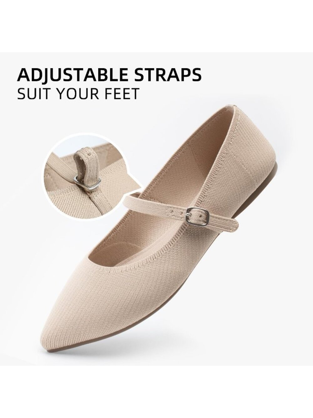 Women's Almond Knit Pointed Toe Ballet Flat Adjustable Strap Buckle Casual Shoes - Picture 5 of 6